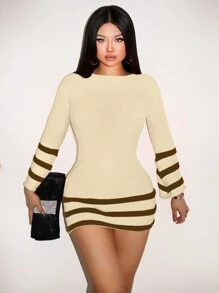Zolique Vestido suéter ajustado y corto con manga de campana y hombros descubiertos, en diseño de bloques de color y rayas, para otoño/invierno - Albaricoque - Ver 6
