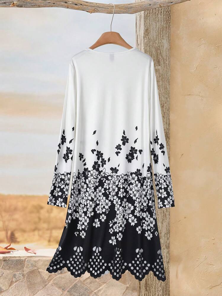 Spring Clothes White Long Sleeve Dress,Ladies Lace V Neck Long Sleeve Hollow Print Straight Fashion Casual Dress