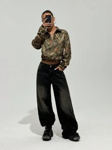 StreetHx Women Vintage Leaves Print Half Zipper Opening Drop Shoulder Long Sleeve Sweatshirt, Street Style Fit For Autumn/Winter Pullover Fall Sweatshirt