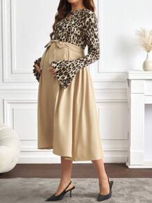 SHEIN Maternity Contrast Leopard Round Neck Long Sleeve Tie Front Casual Dress - Multicolor - View 5