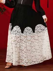 SHEIN Clasi Plus Size Women Lace Patchwork Pleated Skirt, Women's Clothing Stress Relief, Evening Long Gown, Elegant Fashion Women Fall Cloth For Women