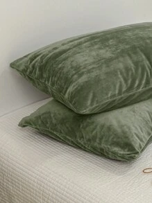2件装橄榄绿秋冬保暖加厚水晶绒法兰绒枕套，纯色日式简约风格，超级柔软透气，适合日常生活、宿舍、床上用品、酒店、家居装饰（不含枕芯），适用于双人床、大床、特大床 - 橄欖綠 - 查看 8