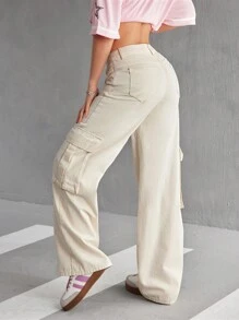 SHEIN EZwear 女士休闲纯色阔腿工装牛仔裤 - 杏色 - 查看 3