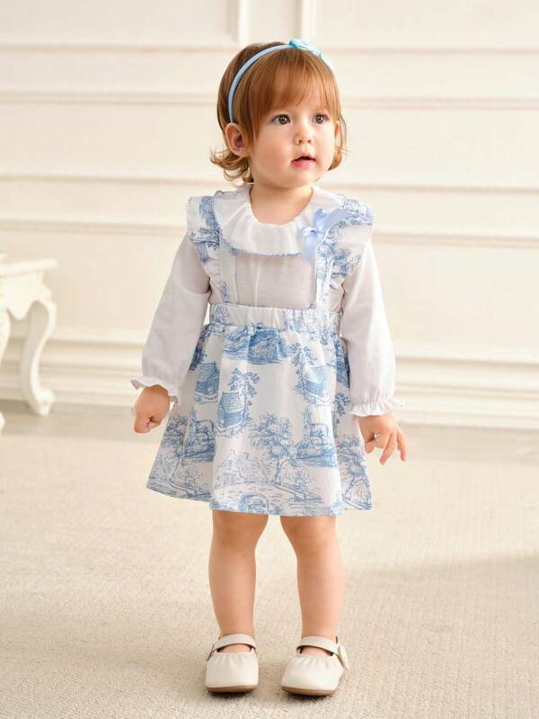 Souflis Souflis Baby Girl Spring Autumn Outfit Set, Ruffle Collar Long Sleeve Top With Bow Decor & Chinese Style Ink Painting Print Overall Skirt