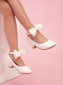 New Girl Round Toe White Party Dress Shoes With Bowknot & Dangling Rhinestone, Kids Princess High Heels