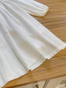 SHEIN Young Girls Elegant French Style White Knit & Woven Patchwork Loose Turtleneck Dress, Autumn/Winter