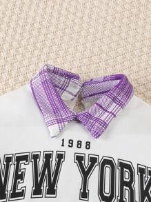 SHEIN 2 件女童格子罩衫领运动衫 + 格子裙套装，春/秋 - 白色 - 查看 5