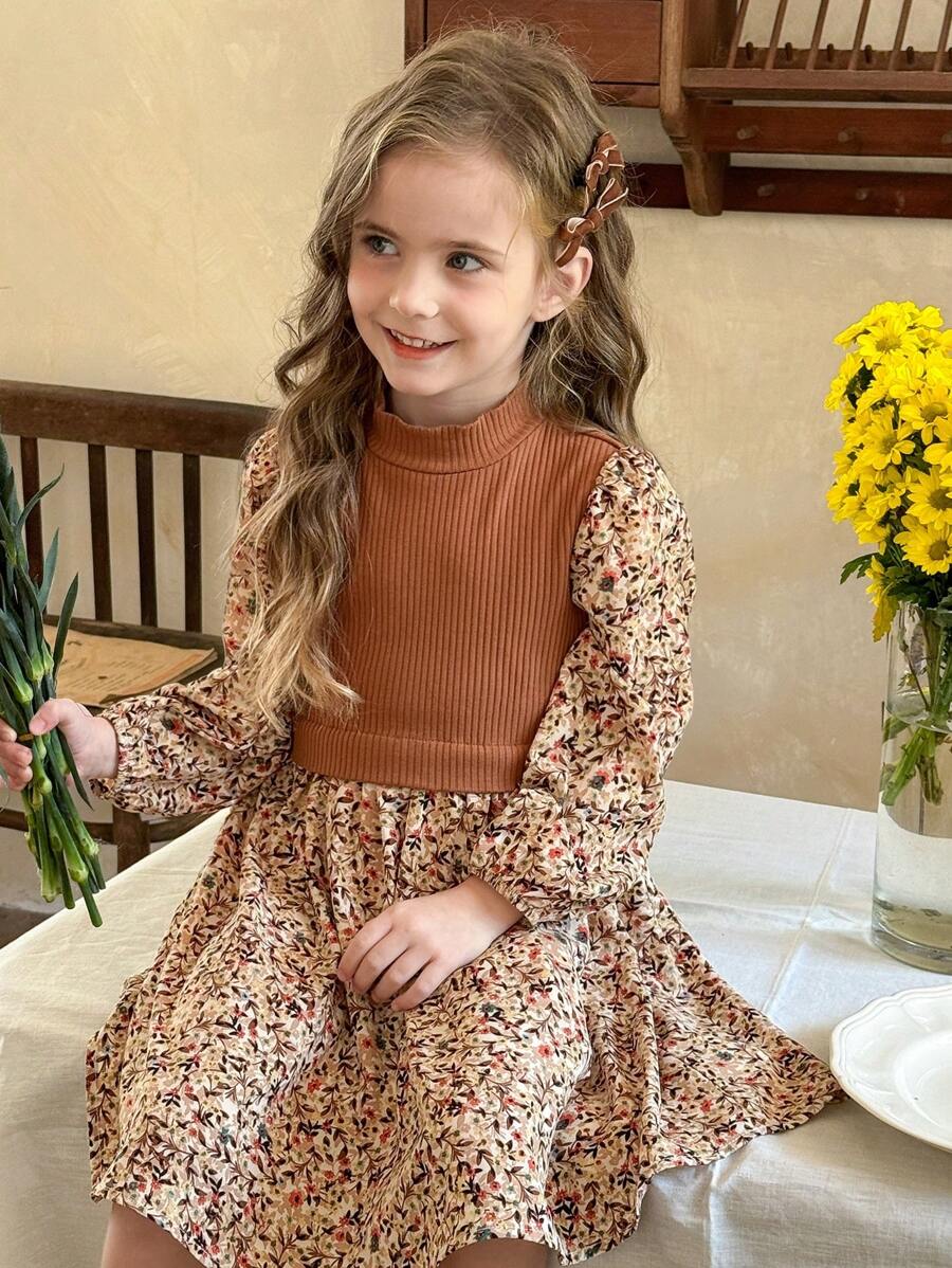 SHEIN LMoss Kids LMoss Young Girl Knit Solid Color Stand Collar Patchwork Floral Puff Sleeve Dress
