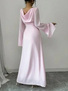 Elenzga 女士优雅浪漫雪纺纯色喇叭袖垂领落肩交叉系带长袖连衣裙长款女装 - 粉色 - 查看 2