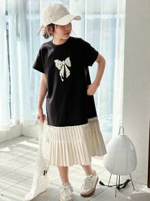 Dazy Kids Tween Girl Round Neck Knit Short Sleeve Bow & Floral Print Patchwork Dress, Summer,Back To School Clothes - Black - View 1