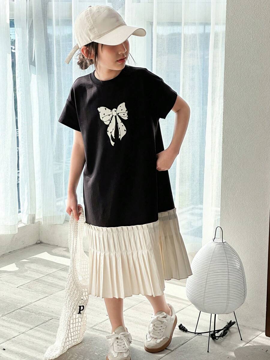 Dazy Kids Tween Girl Round Neck Knit Short Sleeve Bow & Floral Print Patchwork Dress, Summer,Back To School Clothes - Black - View 1