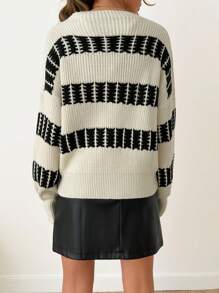 EURMUSE 宽松侧条纹针织毛衣 - 黑與白 - 查看 2