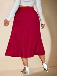 SHEIN Unity Falda larga plisada de talle alto de línea A de unicolor elegante para mujer de talla grande, de moda y versátil, para otoño/invierno - Verde - Ver 2