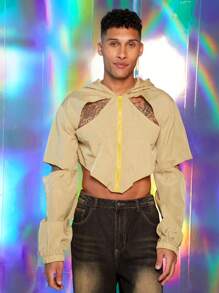 FeverCity Men's Sexy Hollow-Out Long Sleeve Hooded Cropped Jacket,Y2K