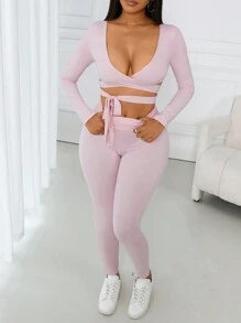 VaVaBold 2pcs Suit Set: Comfortable Casual V-Neck Cross Straps Bowknot Long Sleeve Top & Ruched Waist Leggings, Pink