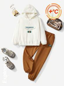 SHEIN 2pcs/Set Tween Boys Urban Casual Style Hooded Long Sleeve Double Sided Fleece Sweatshirt With Comfortable Sport Knit Pants, Warm Outfit For City Outdoor Activities, School, Sports, Gatherings In Autumn/Winter - Multicolor - View 2