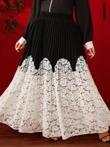 SHEIN Clasi Plus Size Women Lace Patchwork Pleated Skirt, Women's Clothing Stress Relief, Evening Long Gown, Elegant Fashion Women Fall Cloth For Women