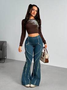 SHEIN Tall Quần Jeans Ống Loe Ôm Ôm Cổ Điển Cho Nữ - Màu xanh lam - Xem 6