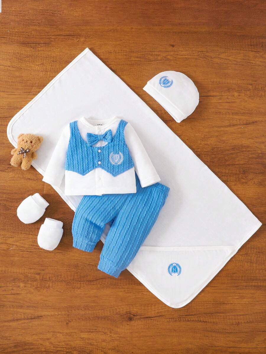 SHEIN 新生男婴可爱针织服装礼品套装，0-9 个月，白色和蓝色洗礼婴儿服装 - 藍白色 - 查看 1