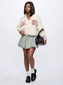 SUMWON WOMEN Collegiate Varsity Style Distressed Cardigan Button Up Sweater Crop Top Fall Winter School Spirit Preppy Knit Autumn Slouchy - Apricot - View 5