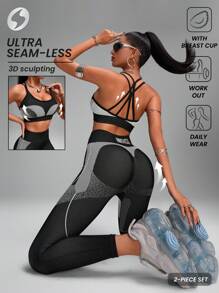 Innovista Women Seamless 3D Sculpting Sport Sets, 2pcs,Dynamic Stripes Seamless Middle Support Racerback Push Up Sports Bra&Workout Biker Leggings Set,Stretchy Sets,High Waist Sets,Striped Texture, Festival,Fall - Black and White - View 1