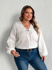 SHEIN CURVE+ FIT+ Women's White V-Neck Ruffle Casual Elegant Office Shirt Fall Cloth For Women