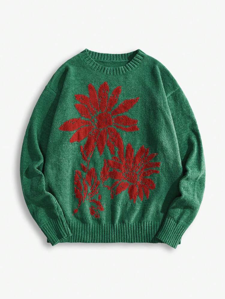 Men's Loose Slouchy Floral Intarsia Knit Pullover Sweater, Casual Round Neck Long Sleeve, Suitable For Autumn/Winter, Gray Colorblocked, Fuzzy Jacquard