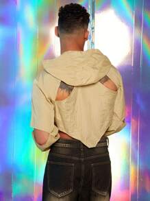 FeverCity Men's Sexy Hollow-Out Long Sleeve Hooded Cropped Jacket,Y2K