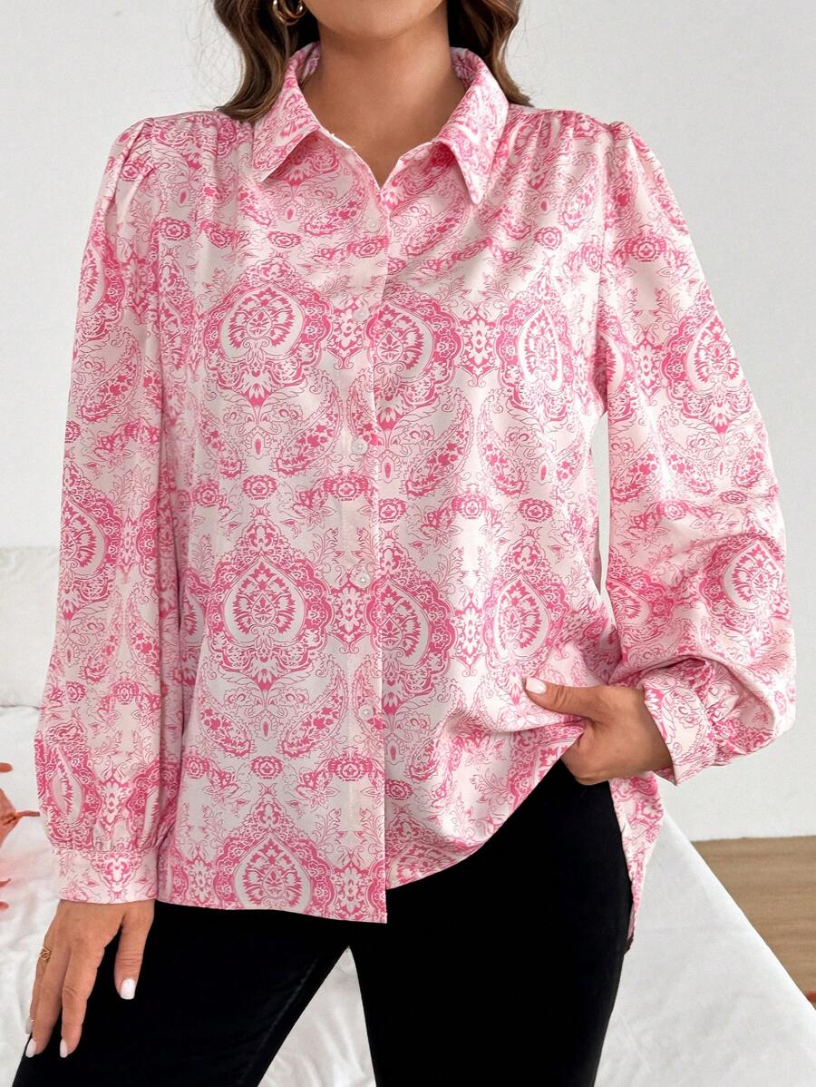 SHEIN Unity 大码正面纽扣长袖全印花休闲衬衫,日常穿着 - 粉色 - 查看 1