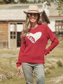 LanaWest 女式圆领长袖图案细节休闲针织毛衣新年服装 - 紅色 - 查看 5