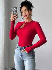 SHEIN Privé Christmas & New Year Elegant Casual Hollow-Out Neck Metal Decor Tight Knit Sweater, Suitable For Valentine's Day, Autumn & Winter - Red - View 7