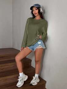 SHEIN EZwear 夏季纯色蝴蝶结装饰短款修身 T 恤 - 軍綠色 - 查看 6