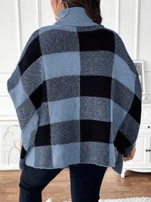 Celure Plus Size High Neck Long Sleeve Plaid Simple Casual Pullover Sweater