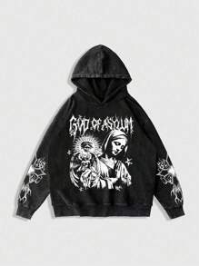 ROMWE MEN Street Life 男士复古水洗图案和字母印花连帽衫，街头风格