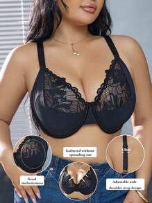 1pc Plus Size Lace Patchwork Underwire Bra, Valentine's Day
