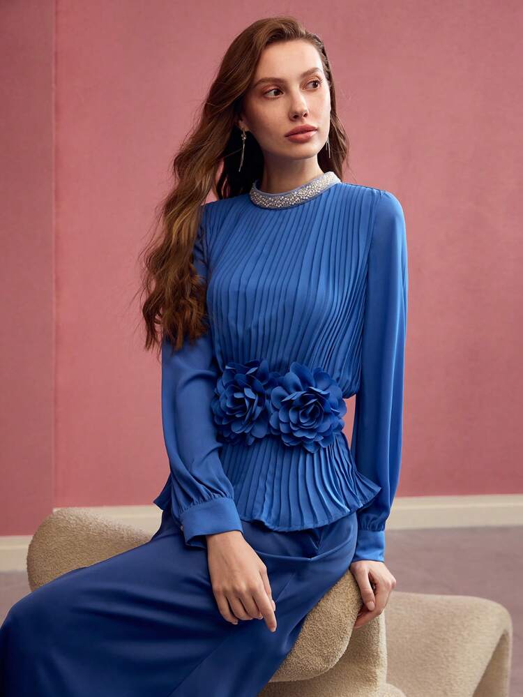 PLEATED STEREO FLORAL BLOUSE