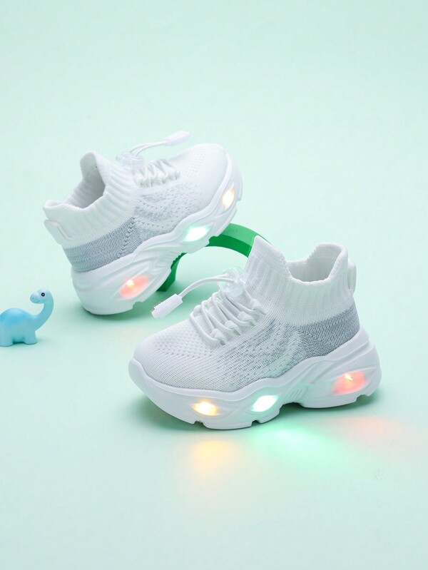 Kids' Fashion Color Block Breathable Upper With Drawstring, Thick Soft Sole With LED Light, Comfortable Lining, Anti-Slip Slip-On Sneakers, All Seasons