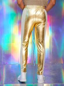 FeverCity Men's Elastic Leather Contrast Mesh Slim Fit Pants - Gold - View 2