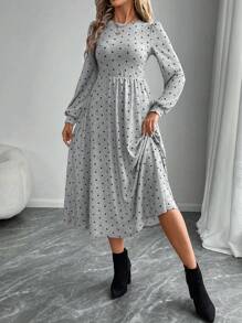 EMERY ROSE Women's Round Neck All-Over Print Casual Mid-Length Dress Long Sleeve Dress Dresses For Women Elegant
