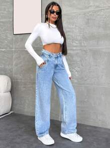 EURMUSE WOMEN STRAIGHT MID WAIST JEANS - Light Wash - View 4