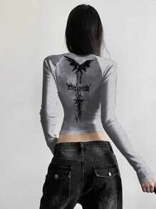 INAWLY Áo crop top bó sát in hình bướm giản dị, mùa thu - Xám - Xem 5