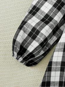 Blossori Young Girls Elegant French Style Plaid Patchwork Ruffle Trim Loose Long Sleeve Dress, Autumn/Winter - Black and White - View 5