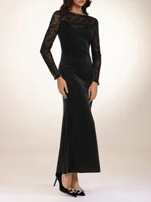 Modelyn Vestido largo elegante de mujer de unicolor con parches de encaje y cola de pez para otoño, vestidos de noche largos