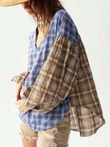 Bohemela Vacation Casual Colorful Plaid V-Neck Lantern Sleeve Loose Women's Shirt - Multicolor - View 2