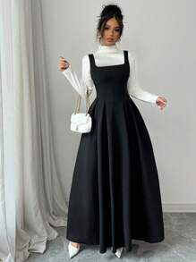 Selianne 方领A字腰收腰女士连衣裙，秋冬，欧美风格 - 黑色 - 查看 4