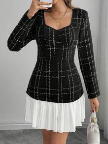 Chiquease Vestido de manga larga con cuello de corazón, cintura fruncida, bloqueo de color y dobladillo plisado elegante para mujer - Negro - Ver 3