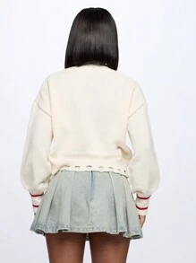 SUMWON WOMEN Collegiate Varsity Style Distressed Cardigan Button Up Sweater Crop Top Fall Winter School Spirit Preppy Knit Autumn Slouchy - Apricot - View 2