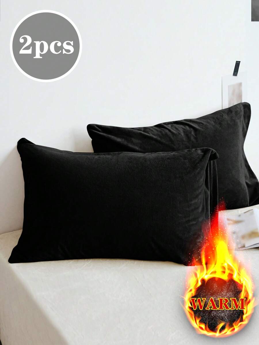 2 Stück schwarze, dicke, warme Kristallsamt-Flanell-Kissenbezüge, einfarbig im japanischen minimalistischen Stil, super weich & atmungsaktiv, geeignet für den täglichen Gebrauch, Wohnheim, Bettwäsche, Hotel, Zuhause, passend für Twin, Queen, King Size - Schwarz - Übersicht 1
