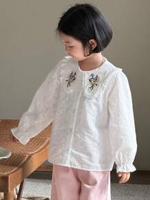 DAZY Young Girl Front Button Long Sleeve Embroidered Casual Shirt - White - View 1
