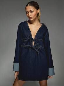 MISSGUIDED Bow Detail Plunge Neck Long Sleeve Denim Mini Dress